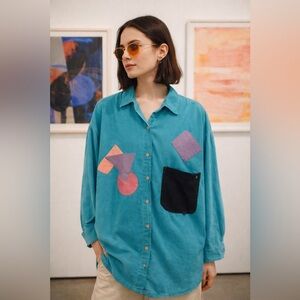Vintage Teal Button Up Shirt Abstract Art Patchwork Artsy Blouse Oversized
